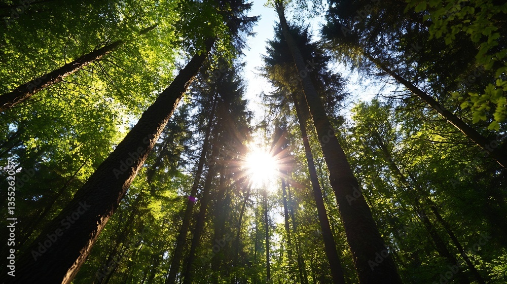 Aufkleber lush green forest with towering trees silhouetted against bright sunbeams shining through the leaves