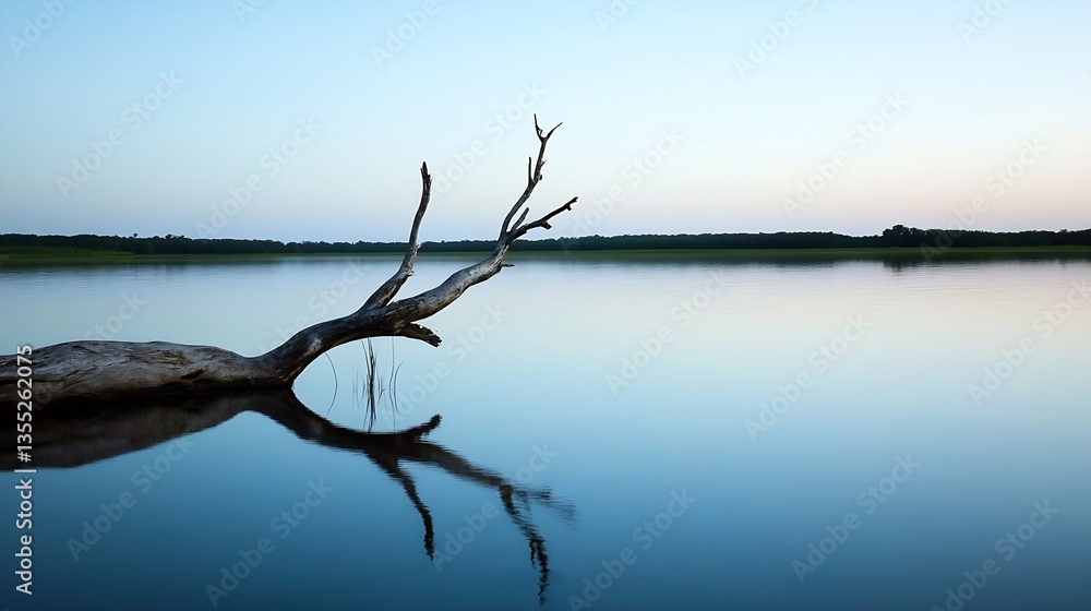 Poster Calm and serene lakeside view featuring a weathered tree trunk gently reflecting in the water : Generative AI