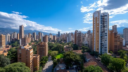 Fototapeta premium Stunning skyline view of Medellin with modern buildings and lush greenery under a blue sky : Generative AI