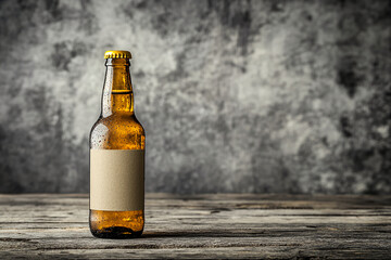Brown beer bottle with blank label on wooden surface against blurred gray background Mockup for design, showcasing product placement