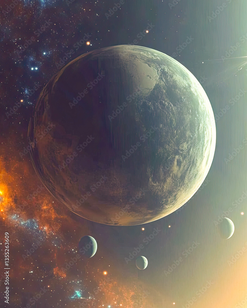 Poster exploration of vastness in outer space revealing celestial bodies and cosmic wonders