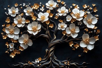 Ornamental Tree with White Blossoms and Golden Accents on Dark Textured Background