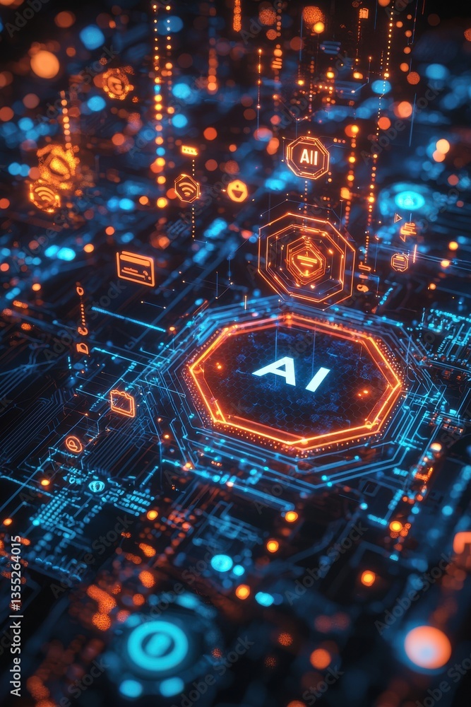 Poster futuristic digital visualization of ai technology in an illuminated virtual circuit