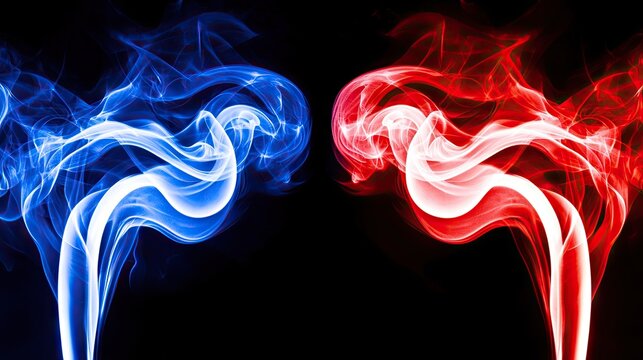 Blue and red smoke swirls clashing on black background; abstract art for design