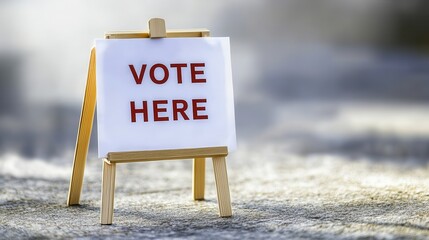 Vote Here Sign on Mini Easel with Outdoor Polling Station.