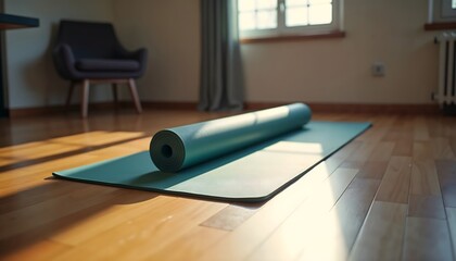 Rolled Yoga Mat Sunlit Room Relaxation Exercise