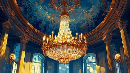 Obraz premium Lavish chandelier hanging from a grand ceiling in a royal ballroom, sparkling with diamonds. Luxury illustration.