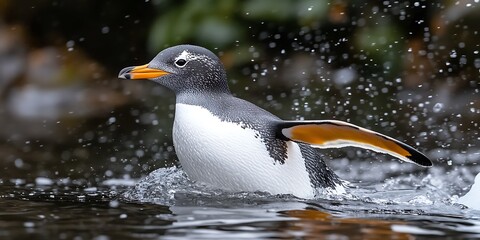Fototapeta premium Gentoo Penguin Running Water Splash.