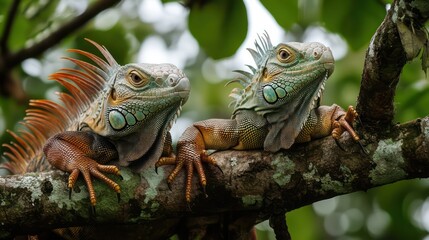 Fototapeta premium Iguanas Relaxing Tree Branch