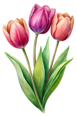Obraz premium Beautiful watercolor painting of three tulips a lovely spring bouquet of pink and purple flowers