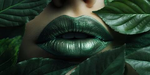 Enchanting Green Lips and Lush Foliage: An intriguing close-up reveals a woman's lips painted in a vibrant, metallic green, framed by a delicate arrangement of verdant leaves.