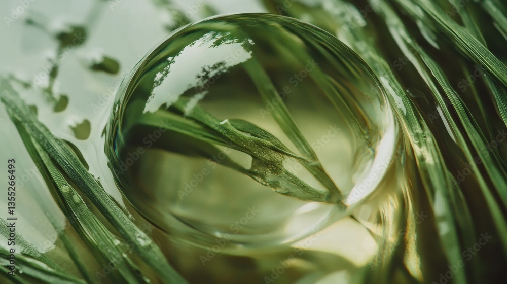 Poster close-up macro shot of a dewdrop resting on a fresh green wheat leaf with soft natural lighting and 