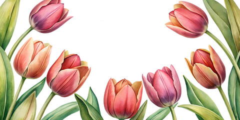 Fototapeta premium Watercolor painting of a beautiful bouquet of tulips with vibrant pink and orange petals and green leaves arranged in a frame around a white background