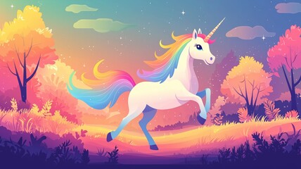 Fototapeta premium Rainbow unicorn galloping through a dreamlike landscape. Fantasy illustration.