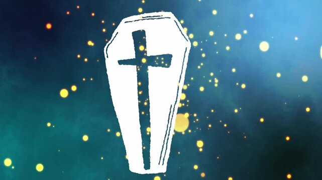 Animation of white coffin with cross surrounded by glowing particles on dark blue