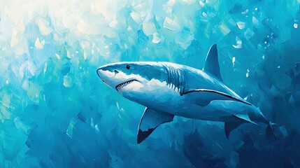 Naklejka premium A painting of a Great White Shark swimming in the ocean surrounded by schools of fish