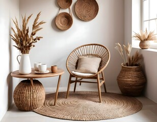 Minimalist style room with natural and warm nuances, wooden chairs with simple designs, flower vases, dried flowers, neutral colored ceramic floors