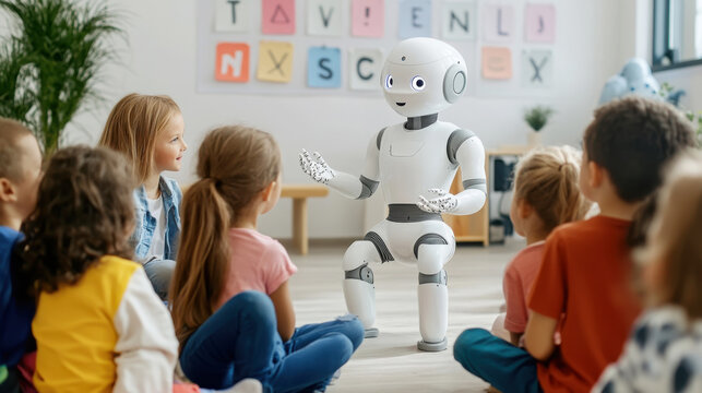 Humanoid robot teaching sign language to children in a classroom setting - Powered by Adobe