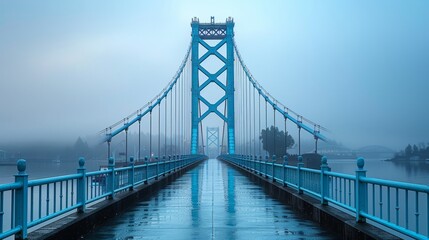 Foggy Morning on a Blue Suspension Bridge Extending to the Horizon