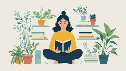 Fototapeta premium Mental health and self care concept, displaying activities like reading, meditation, and deep breathing exercises. Flat illustration style.