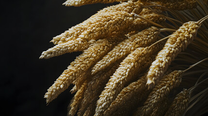 An artistic cluster of millet ears, their golden hues contrasting with a dark background.