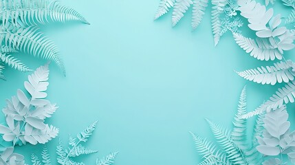 White ferns frame teal background; nature, botanical design,  greeting card, website banner
