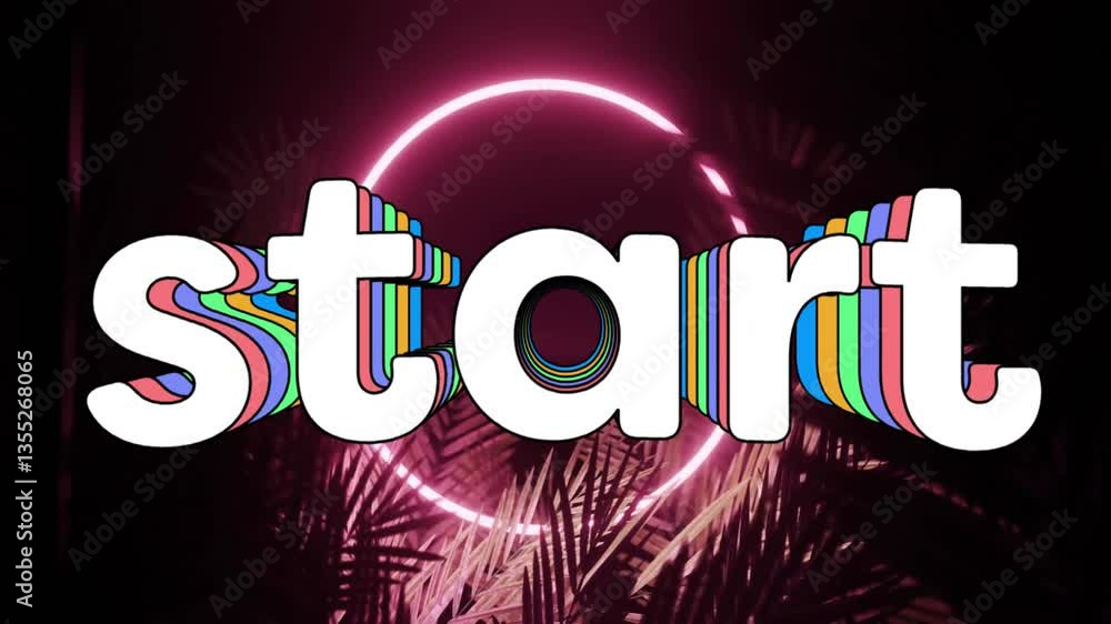 Poster animation with neon circle and palm leaves in colorful start text background