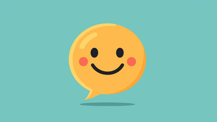 Smiley face inside a speech bubble isolated on soft blue background, representing positive conversations and social interactions.
