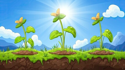 Sunny day, three flowers growing, mountain background, nature illustration, kids book
