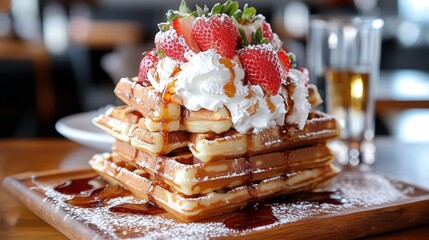Delicious stack of Belgian waffles topped with fresh strawberries, whipped cream, and powdered sugar served with syrup