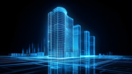 A blue hologram of modern highrise building on dark background with glowing lines and white buildings construction engineering concept, real estate business or digital