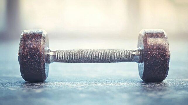 Old dumbbell on gym floor, fitness workout