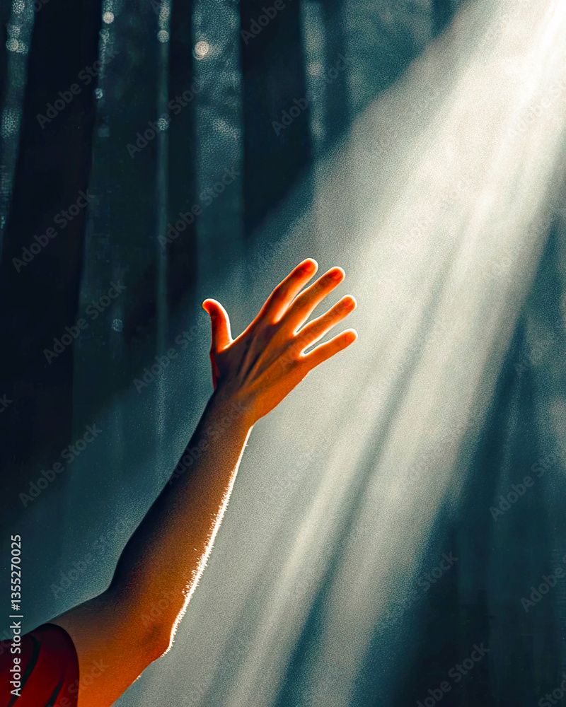 Aufkleber Light streaming through the trees as a hand reaches for the sky in a serene forest setting