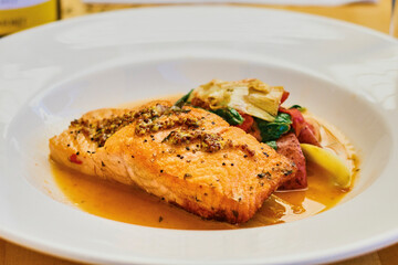 pan roasted salmon topped with a honey mustard sauce