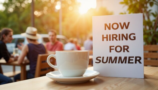 Now Hiring for Summer Café Sign with Coffee Cup at Sunset   - Powered by Adobe
