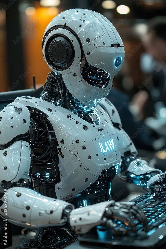 Poster advanced humanoid robot interacting with a keyboard in a modern setting