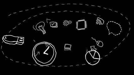 illustration of hand written icons or symbols in technology or business theme. White on black background