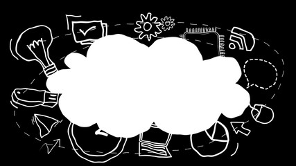 illustration of white cloud and icons or symbols of business technology information. In doodle hand drawn effect