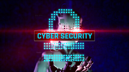 Illustration of headline title cyber security. Ai robot hand holds holographic text