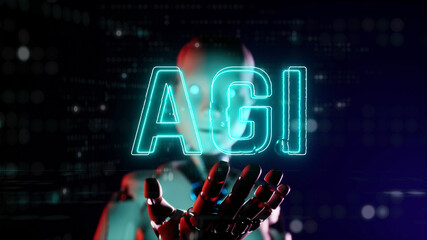 3d illustration of headline title - AGI. Artificial general intelligence text in blue neon hologram