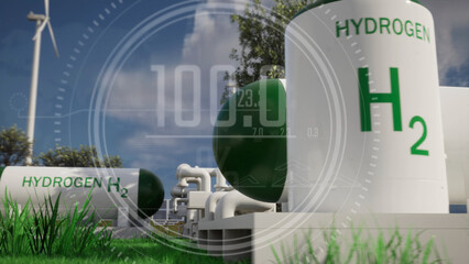3d illustration of h2 green hydrogen station with photovoltaics panels and wind turbine in background