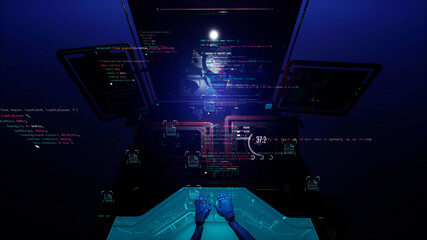 3d illustration of robot hands typing and working programming on developing code. High technology illustration