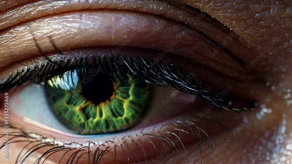 Poster close-up video shot of a vibrant green eye, capturing intricate iris details. macro angle emphasizes
