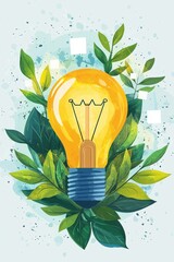 Eco-friendly concept illustrated with a glowing light bulb surrounded by leaves