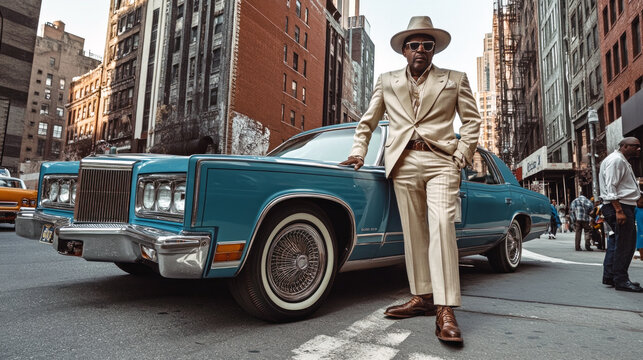 Fototapeta Stylish man posing with classic car in 1970s urban street scene