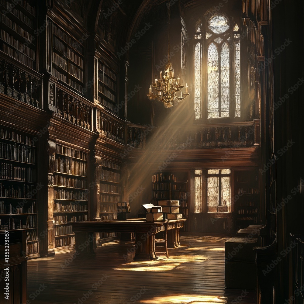 Poster old library light streams through the window.