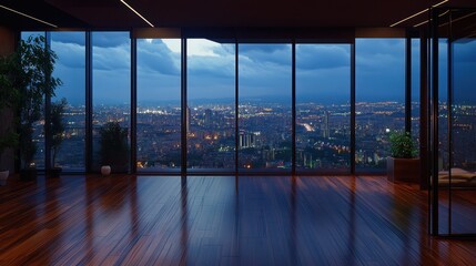 Fototapeta premium Empty Modern Office with Stunning City Night View.