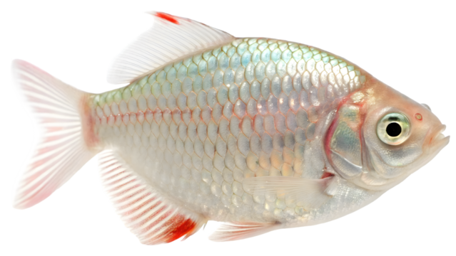 Pearl Spotted Sunfish with sparkling opal scales, faint red fin accents, isolated on transparent background