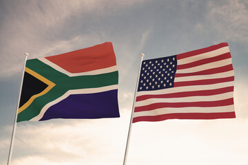 Relations between the countries of the United States of America USA and SOUTH AFRICA represented by the concept of two flags waving against a cloudy sky.3d render.