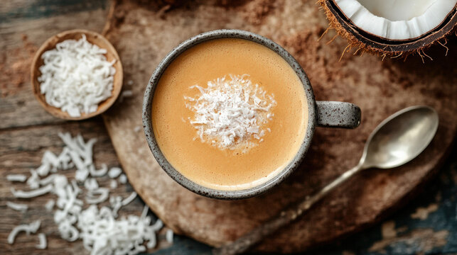 Overhead view of creamy Vietnamese coconut coffee, with coconut flakes on a rustic table.